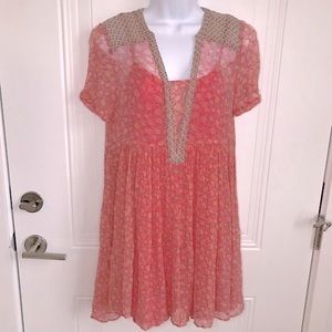 Maeve Anthro sheer multi crepe babydoll lined short sleeve dress sz 2 in EUC